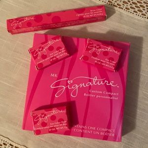 Custom compact, fig, moonstone and cotton-candy eye color and blonde brow-liner